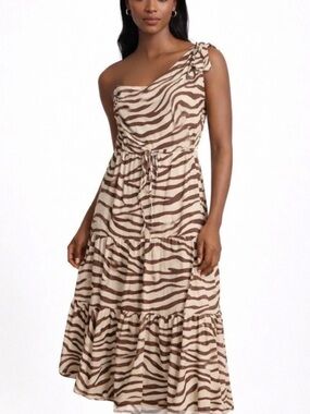 White Closet Elements One-Shoulder Brown Zebra-Print Tiered Dress